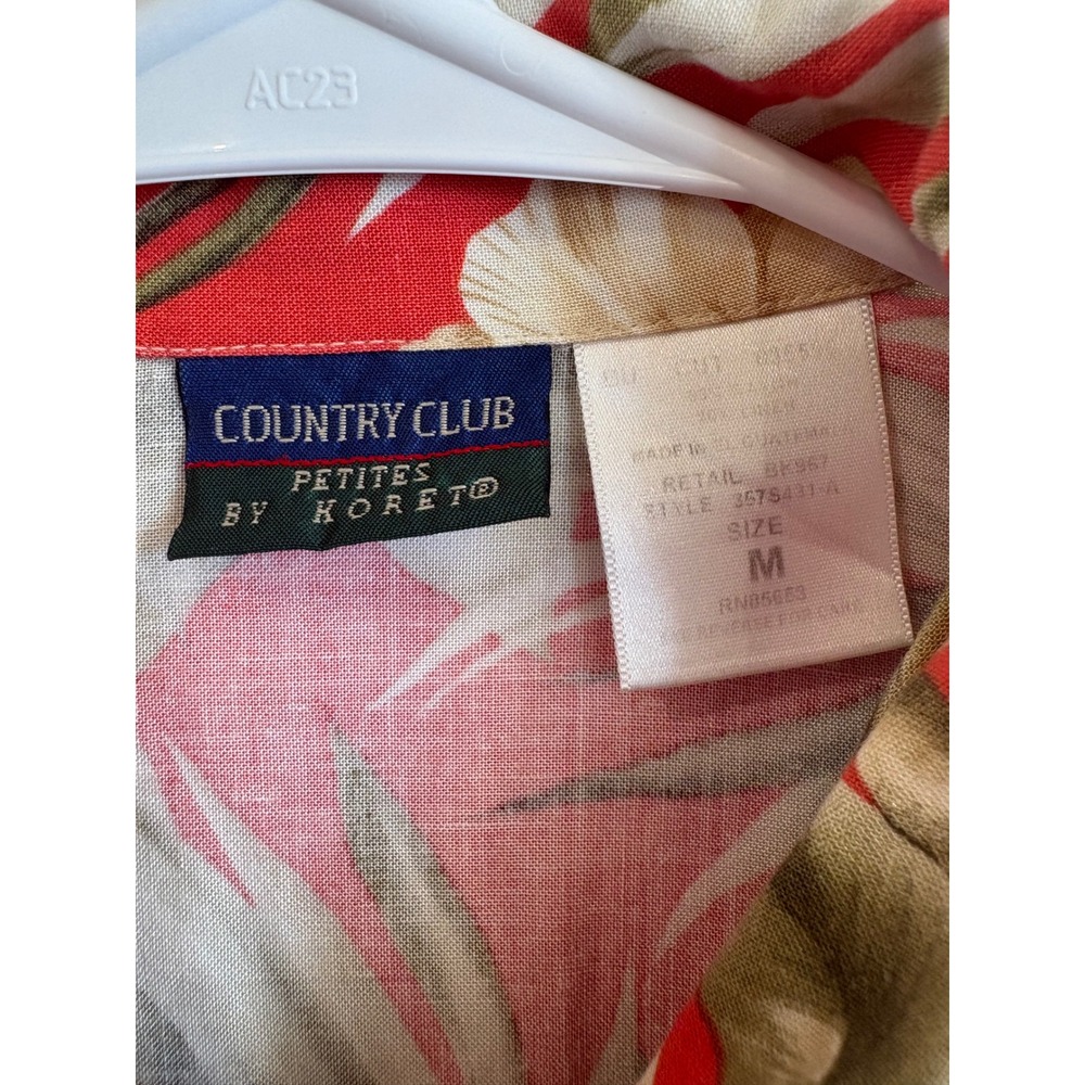 Country Club by Koret Petite Red Tropical Hibiscus Linen Blend Button Up Shirt M - Picture 3 of 5